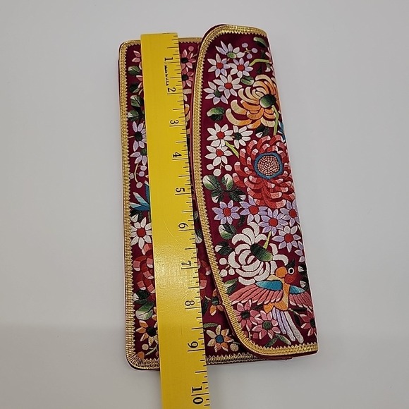Vtg 60s Asian‎ Embroidery Purse Bag Clutch Red Silk Gold Birds Floral Colorful